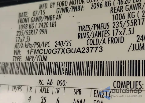 2016 Ford Escape Se z USA, uszkodzony, nr VIN 1FMCU0G7XGUA23773